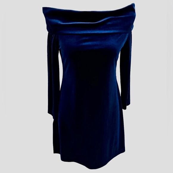 𝅺JANA KOS deep royal blue velvet off shoulder tunic with sparkle size XS - Picture 1 of 5